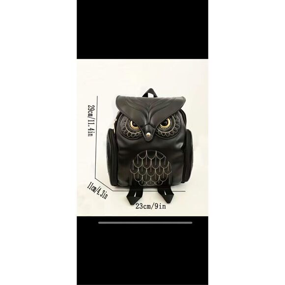 Black Owl Backpack with adjustable straps, soft, PU, leather versatile, travel b - Picture 4 of 9